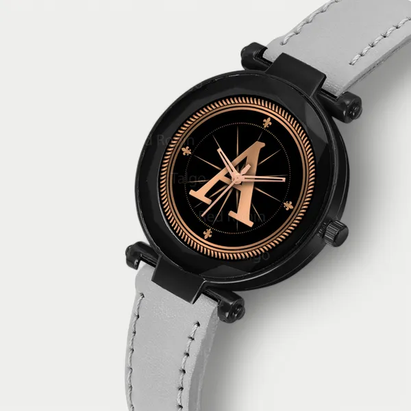 Sky_Mart_Alphabet_A_New_Arrival_Stylish_Analog_Wrist_Watch_For_Women_And_Girls_Classic_Round_Black_Dial_With_Trendy_Grey_Leather_Strap