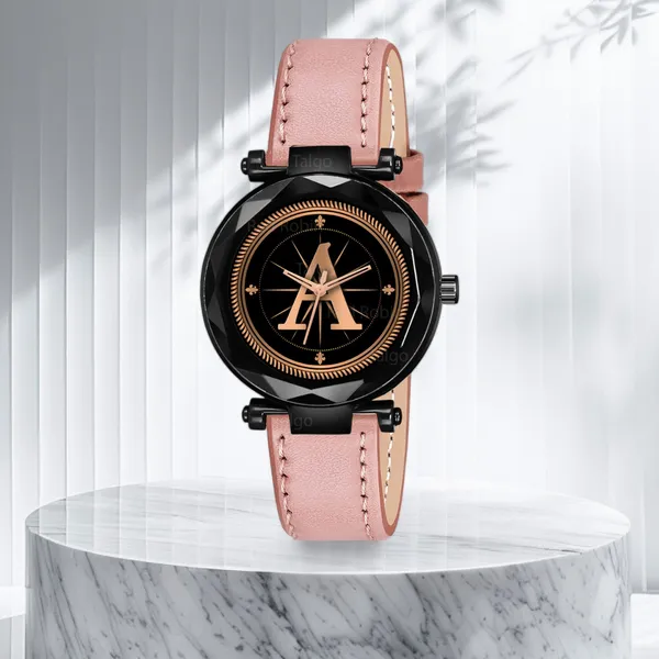 Sky_Mart_Alphabet_A_New_Arrival_Stylish_Analog_Wrist_Watch_For_Women_And_Girls_Classic_Round_Black_Dial_With_Trendy_Peach_Leather_Strap