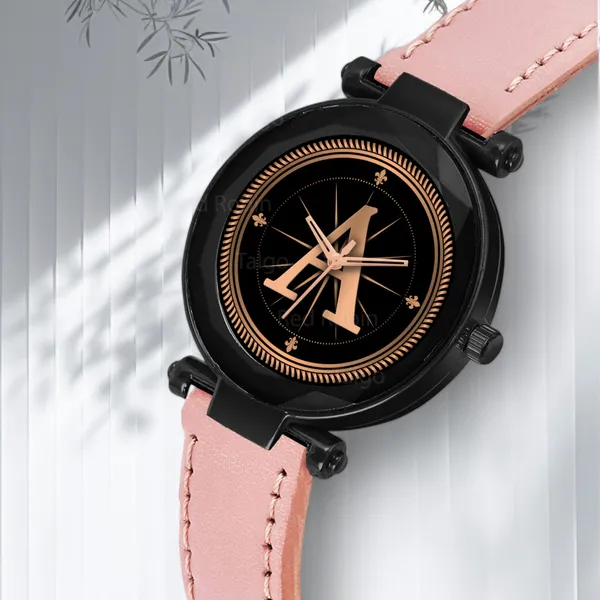 Sky_Mart_Alphabet_A_New_Arrival_Stylish_Analog_Wrist_Watch_For_Women_And_Girls_Classic_Round_Black_Dial_With_Trendy_Peach_Leather_Strap