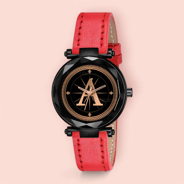 Sky_Mart_Alphabet_A_New_Arrival_Stylish_Analog_Wrist_Watch_For_Women_And_Girls_Classic_Round_Black_Dial_With_Trendy_Red_Leather_Strap