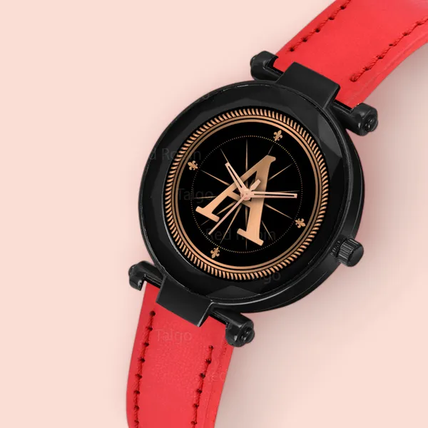 Sky_Mart_Alphabet_A_New_Arrival_Stylish_Analog_Wrist_Watch_For_Women_And_Girls_Classic_Round_Black_Dial_With_Trendy_Red_Leather_Strap
