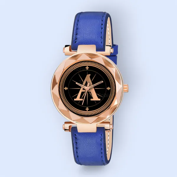 Sky_Mart_Alphabet_A_New_Arrival_Stylish_Analog_Wrist_Watch_For_Women_And_Girls_Classic_Round_Black_Dial_With_Trendy_Blue_Leather_Strap