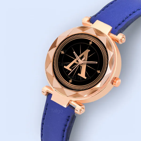 Sky_Mart_Alphabet_A_New_Arrival_Stylish_Analog_Wrist_Watch_For_Women_And_Girls_Classic_Round_Black_Dial_With_Trendy_Blue_Leather_Strap
