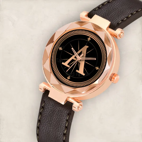 Sky_Mart_Alphabet_A_New_Arrival_Stylish_Analog_Wrist_Watch_For_Women_And_Girls_Classic_Round_Black_Dial_With_Trendy_Brown_Leather_Strap