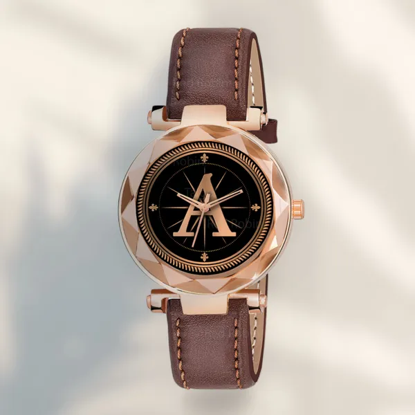 Sky_Mart_Alphabet_A_New_Arrival_Stylish_Analog_Wrist_Watch_For_Women_And_Girls_Classic_Round_Black_Dial_With_Trendy_Brown_Leather_Strap