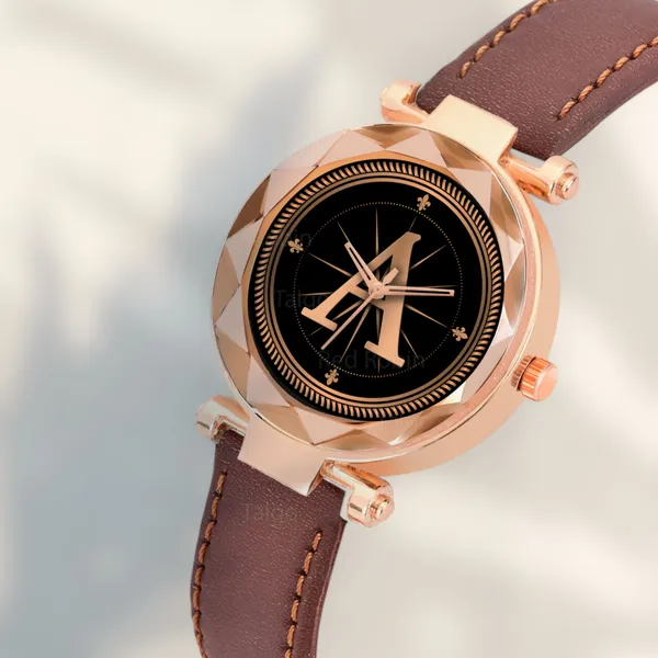 Sky_Mart_Alphabet_A_New_Arrival_Stylish_Analog_Wrist_Watch_For_Women_And_Girls_Classic_Round_Black_Dial_With_Trendy_Brown_Leather_Strap