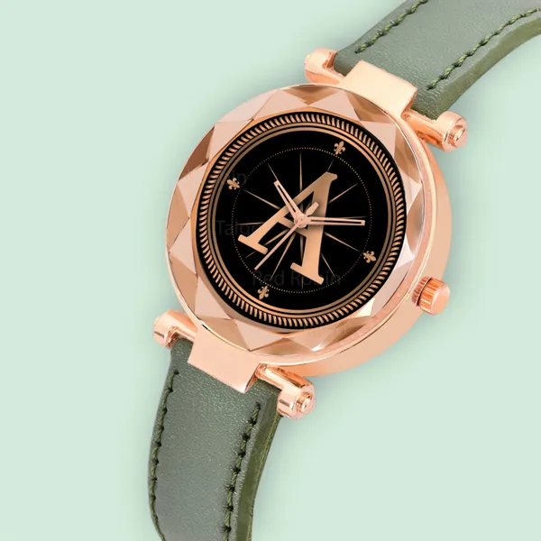 Sky_Mart_Alphabet_A_New_Arrival_Stylish_Analog_Wrist_Watch_For_Women_And_Girls_Classic_Round_Black_Dial_With_Trendy_Green_Leather_Strap
