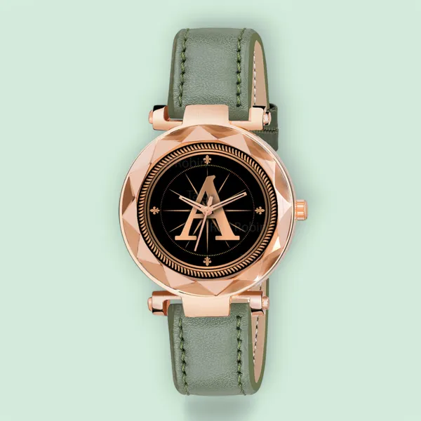 Sky_Mart_Alphabet_A_New_Arrival_Stylish_Analog_Wrist_Watch_For_Women_And_Girls_Classic_Round_Black_Dial_With_Trendy_Green_Leather_Strap