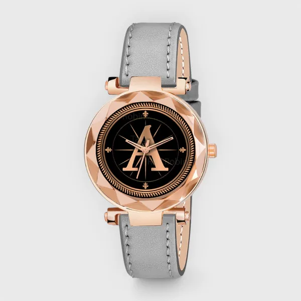 Sky_Mart_Alphabet_A_New_Arrival_Stylish_Analog_Wrist_Watch_For_Women_And_Girls_Classic_Round_Black_Dial_With_Trendy_Grey_Leather_Strap