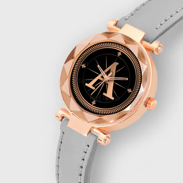 Sky_Mart_Alphabet_A_New_Arrival_Stylish_Analog_Wrist_Watch_For_Women_And_Girls_Classic_Round_Black_Dial_With_Trendy_Grey_Leather_Strap