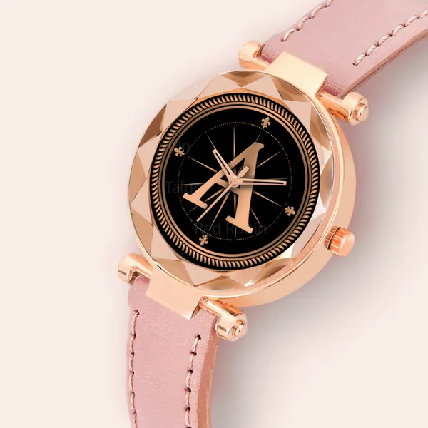 Sky_Mart_Alphabet_A_New_Arrival_Stylish_Analog_Wrist_Watch_For_Women_And_Girls_Classic_Round_Black_Dial_With_Trendy_Peach_Leather_Strap