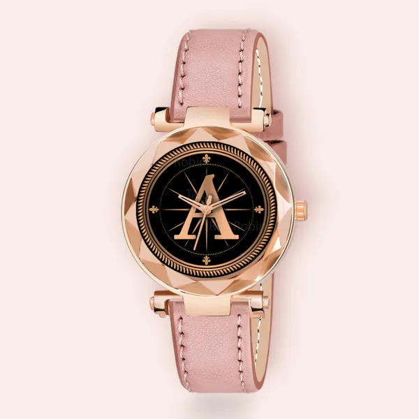 Sky_Mart_Alphabet_A_New_Arrival_Stylish_Analog_Wrist_Watch_For_Women_And_Girls_Classic_Round_Black_Dial_With_Trendy_Peach_Leather_Strap