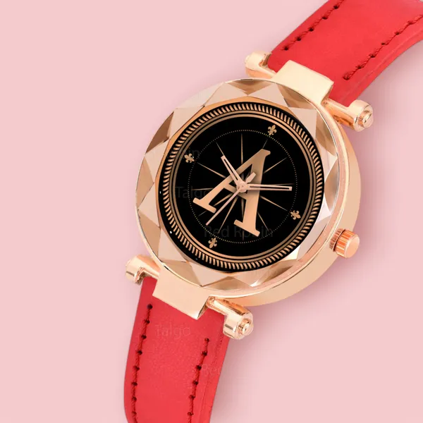 Sky_Mart_Alphabet_A_New_Arrival_Stylish_Analog_Wrist_Watch_For_Women_And_Girls_Classic_Round_Black_Dial_With_Trendy_Red_Leather_Strap