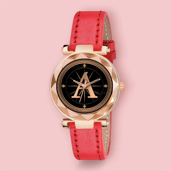 Sky_Mart_Alphabet_A_New_Arrival_Stylish_Analog_Wrist_Watch_For_Women_And_Girls_Classic_Round_Black_Dial_With_Trendy_Red_Leather_Strap