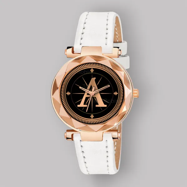 Sky_Mart_Alphabet_A_New_Arrival_Stylish_Analog_Wrist_Watch_For_Women_And_Girls_Classic_Round_Black_Dial_With_Trendy_White_Leather_Strap