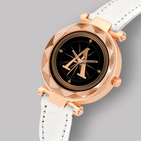 Sky_Mart_Alphabet_A_New_Arrival_Stylish_Analog_Wrist_Watch_For_Women_And_Girls_Classic_Round_Black_Dial_With_Trendy_White_Leather_Strap