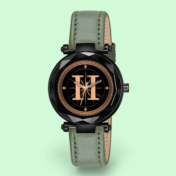 Sky_Mart_Alphabet_H_Trendy_New_Arrival_Analog_Wrist_Watch_Classic_Black_Dial_And_Stylish_Green_Leather_Strap_For_Women_And_Girls