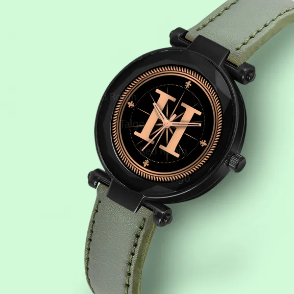 Sky_Mart_Alphabet_H_Trendy_New_Arrival_Analog_Wrist_Watch_Classic_Black_Dial_And_Stylish_Green_Leather_Strap_For_Women_And_Girls