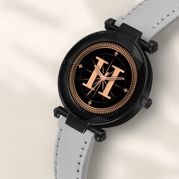 Sky_Mart_Alphabet_H_Trendy_New_Arrival_Analog_Wrist_Watch_Classic_Black_Dial_And_Stylish_Grey_Leather_Strap_For_Women_And_Girls