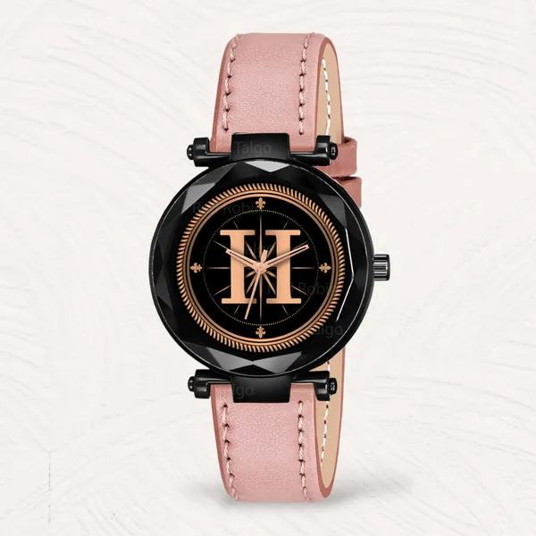 Sky_Mart_Alphabet_H_Trendy_New_Arrival_Analog_Wrist_Watch_Classic_Black_Dial_And_Stylish_Peach_Leather_Strap_For_Women_And_Girls