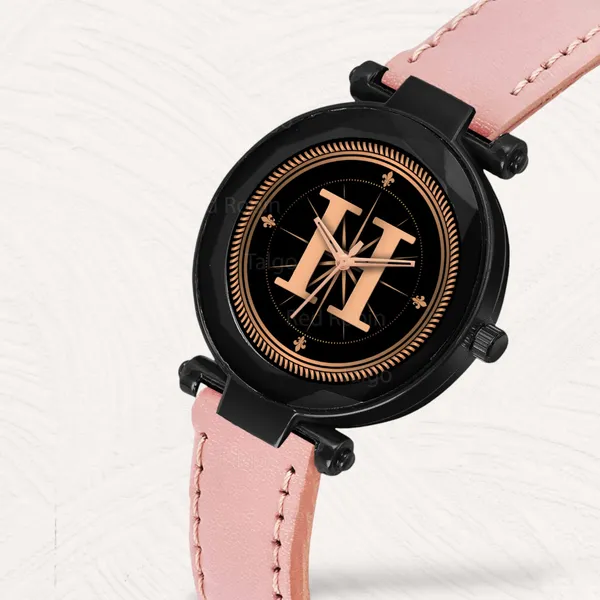 Sky_Mart_Alphabet_H_Trendy_New_Arrival_Analog_Wrist_Watch_Classic_Black_Dial_And_Stylish_Peach_Leather_Strap_For_Women_And_Girls