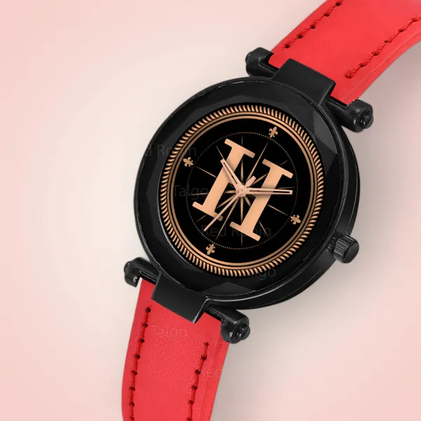 Sky_Mart_Alphabet_H_Trendy_New_Arrival_Analog_Wrist_Watch_Classic_Black_Dial_And_Stylish_Red_Leather_Strap_For_Women_And_Girls