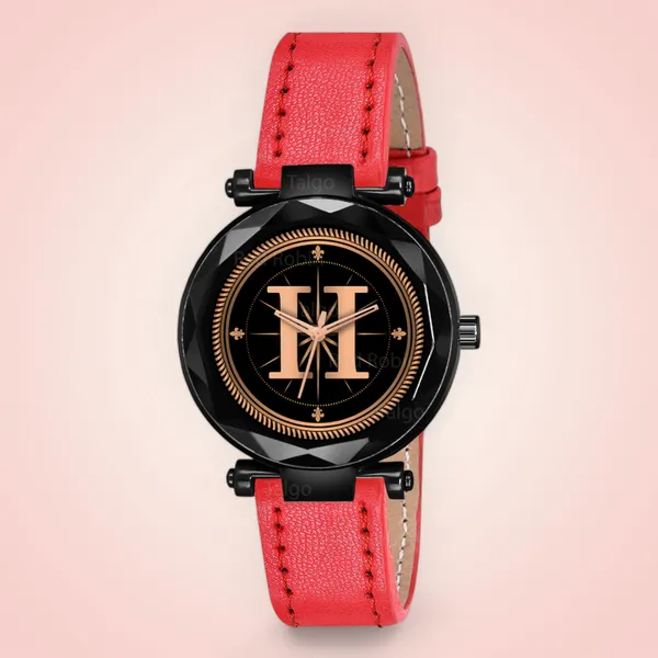 Sky_Mart_Alphabet_H_Trendy_New_Arrival_Analog_Wrist_Watch_Classic_Black_Dial_And_Stylish_Red_Leather_Strap_For_Women_And_Girls