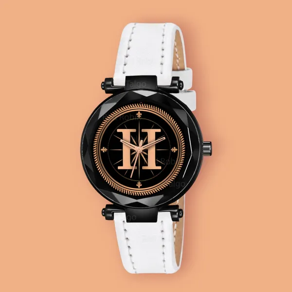 Sky_Mart_Alphabet_H_Trendy_New_Arrival_Analog_Wrist_Watch_Classic_Black_Dial_And_Stylish_White_Leather_Strap_For_Women_And_Girls