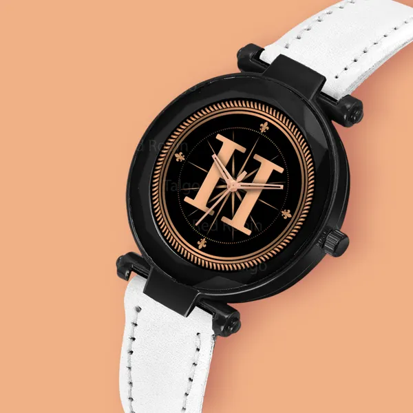 Sky_Mart_Alphabet_H_Trendy_New_Arrival_Analog_Wrist_Watch_Classic_Black_Dial_And_Stylish_White_Leather_Strap_For_Women_And_Girls