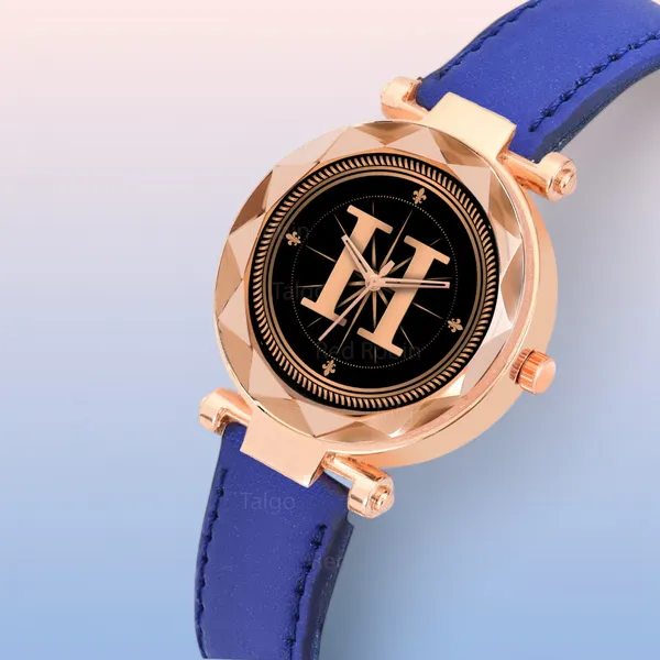 Sky_Mart_Alphabet_H_Trendy_New_Arrival_Analog_Wrist_Watch_Classic_Black_Dial_And_Stylish_Blue_Leather_Strap_For_Women_And_Girls