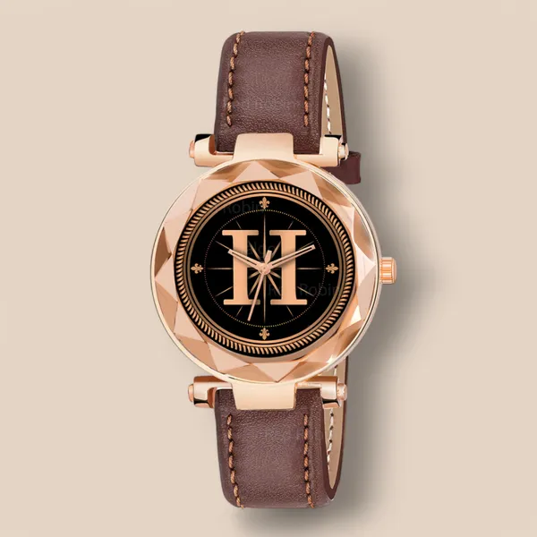 Sky_Mart_Alphabet_H_Trendy_New_Arrival_Analog_Wrist_Watch_Classic_Black_Dial_And_Stylish_Brown_Leather_Strap_For_Women_And_Girls