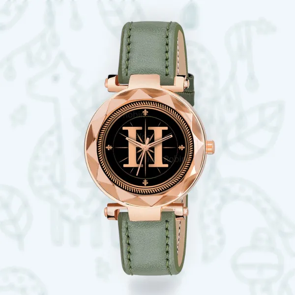 Sky_Mart_Alphabet_H_Trendy_New_Arrival_Analog_Wrist_Watch_Classic_Black_Dial_And_Stylish_Green_Leather_Strap_For_Women_And_Girls