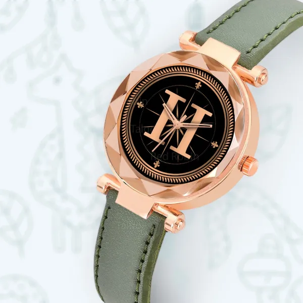 Sky_Mart_Alphabet_H_Trendy_New_Arrival_Analog_Wrist_Watch_Classic_Black_Dial_And_Stylish_Green_Leather_Strap_For_Women_And_Girls