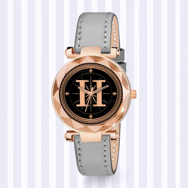 Sky_Mart_Alphabet_H_Trendy_New_Arrival_Analog_Wrist_Watch_Classic_Black_Dial_And_Stylish_Grey_Leather_Strap_For_Women_And_Girls