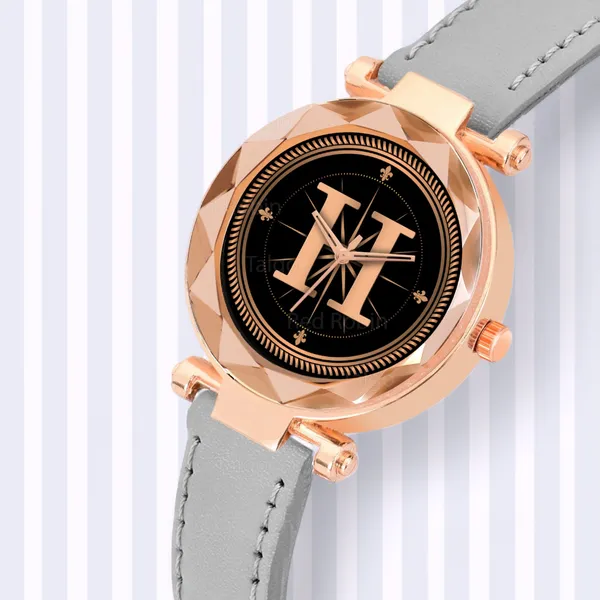 Sky_Mart_Alphabet_H_Trendy_New_Arrival_Analog_Wrist_Watch_Classic_Black_Dial_And_Stylish_Grey_Leather_Strap_For_Women_And_Girls