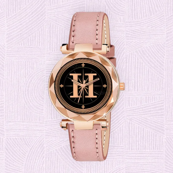 Sky_Mart_Alphabet_H_Trendy_New_Arrival_Analog_Wrist_Watch_Classic_Black_Dial_And_Stylish_Peach_Leather_Strap_For_Women_And_Girls