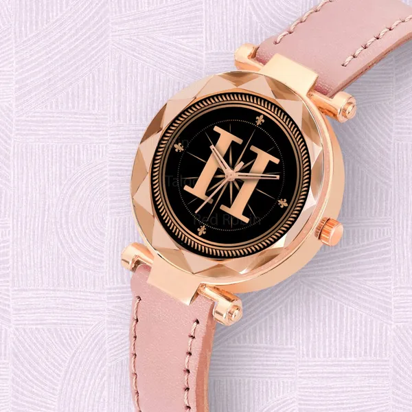 Sky_Mart_Alphabet_H_Trendy_New_Arrival_Analog_Wrist_Watch_Classic_Black_Dial_And_Stylish_Peach_Leather_Strap_For_Women_And_Girls