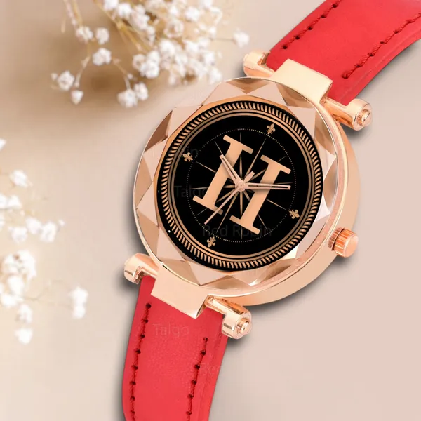 Sky_Mart_Alphabet_H_Trendy_New_Arrival_Analog_Wrist_Watch_Classic_Black_Dial_And_Stylish_Red_Leather_Strap_For_Women_And_Girls