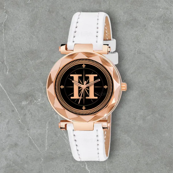 Sky_Mart_Alphabet_H_Trendy_New_Arrival_Analog_Wrist_Watch_Classic_Black_Dial_And_Stylish_White_Leather_Strap_For_Women_And_Girls