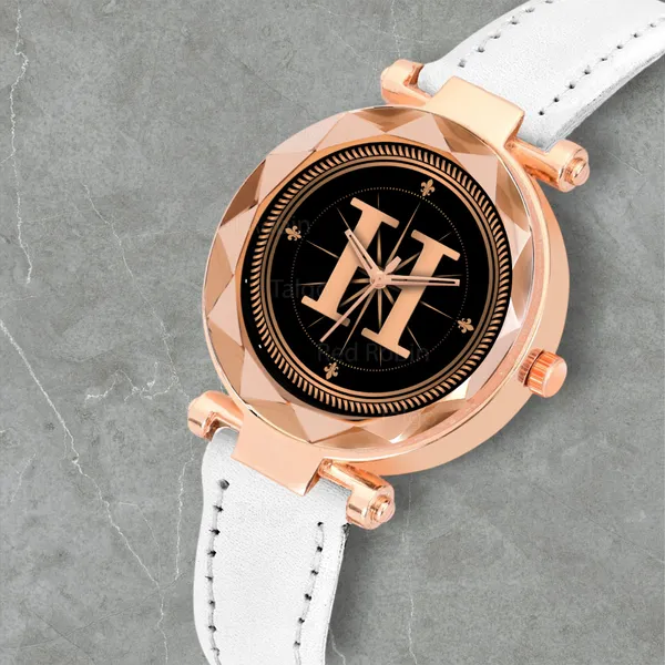 Sky_Mart_Alphabet_H_Trendy_New_Arrival_Analog_Wrist_Watch_Classic_Black_Dial_And_Stylish_White_Leather_Strap_For_Women_And_Girls