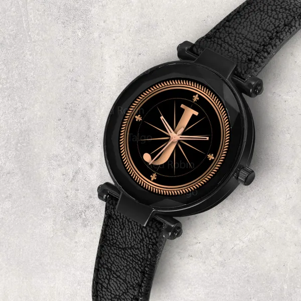 Sky_Mart_Alphabet_J_Classic_Style_Analog_Wrist_Watch_With_Round_Black_Dial_And_Black_Leather_Strap_New_Arrival_For_Women_And_Girls