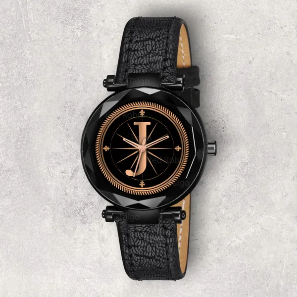 Sky_Mart_Alphabet_J_Classic_Style_Analog_Wrist_Watch_With_Round_Black_Dial_And_Black_Leather_Strap_New_Arrival_For_Women_And_Girls
