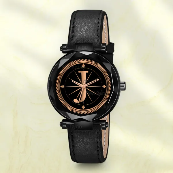 Sky_Mart_Alphabet_J_Classic_Style_Analog_Wrist_Watch_With_Round_Black_Dial_And_Black_Leather_Strap_New_Arrival_For_Women_And_Girls