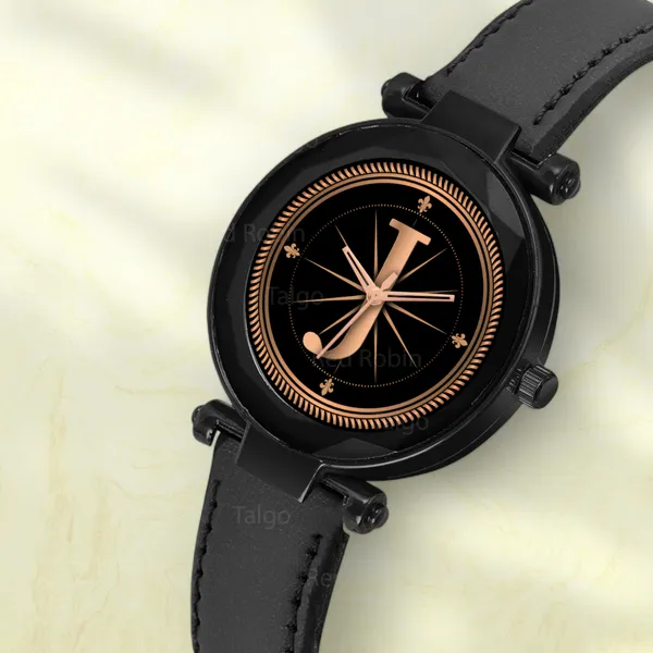 Sky_Mart_Alphabet_J_Classic_Style_Analog_Wrist_Watch_With_Round_Black_Dial_And_Black_Leather_Strap_New_Arrival_For_Women_And_Girls