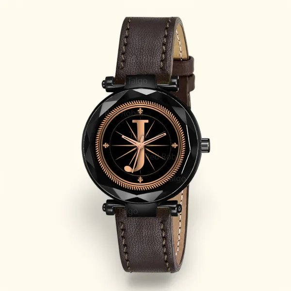 Sky_Mart_Alphabet_J_Classic_Style_Analog_Wrist_Watch_With_Round_Black_Dial_And_Brown_Leather_Strap_New_Arrival_For_Women_And_Girls