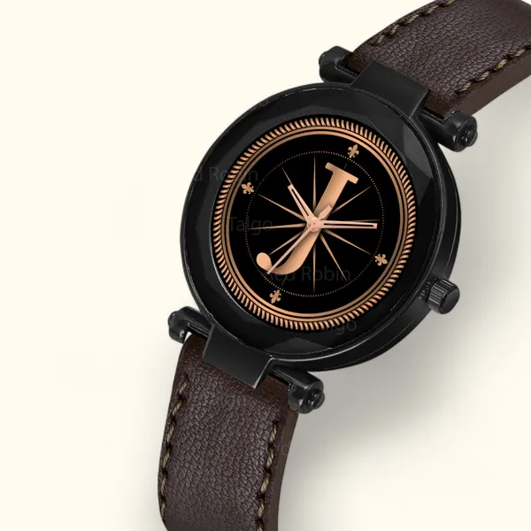 Sky_Mart_Alphabet_J_Classic_Style_Analog_Wrist_Watch_With_Round_Black_Dial_And_Brown_Leather_Strap_New_Arrival_For_Women_And_Girls