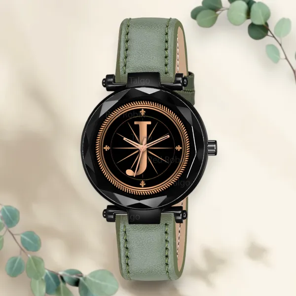 Sky_Mart_Alphabet_J_Classic_Style_Analog_Wrist_Watch_With_Round_Black_Dial_And_Green_Leather_Strap_New_Arrival_For_Women_And_Girls