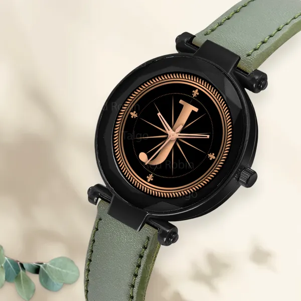 Sky_Mart_Alphabet_J_Classic_Style_Analog_Wrist_Watch_With_Round_Black_Dial_And_Green_Leather_Strap_New_Arrival_For_Women_And_Girls