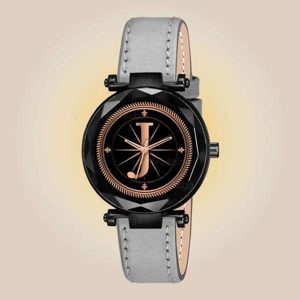 Sky_Mart_Alphabet_J_Classic_Style_Analog_Wrist_Watch_With_Round_Black_Dial_And_Grey_Leather_Strap_New_Arrival_For_Women_And_Girls