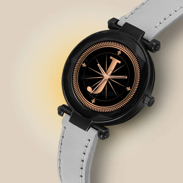 Sky_Mart_Alphabet_J_Classic_Style_Analog_Wrist_Watch_With_Round_Black_Dial_And_Grey_Leather_Strap_New_Arrival_For_Women_And_Girls